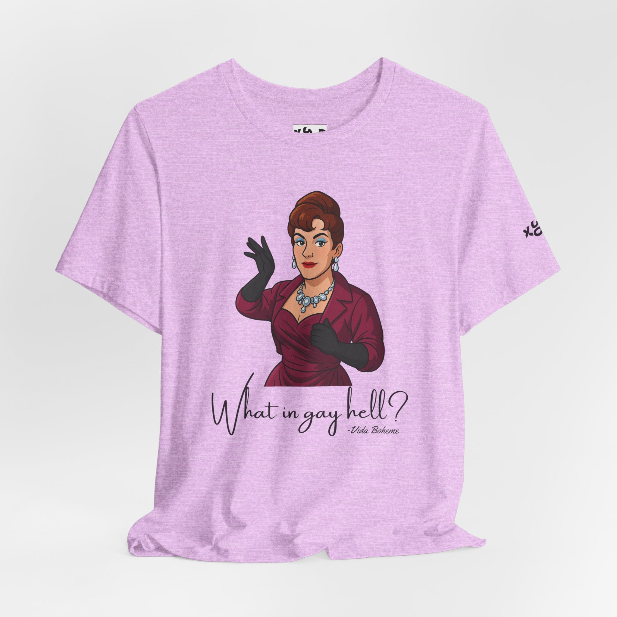 Graphic Tee — "What in gay hell?" Vintage Glam Comedy Shirt