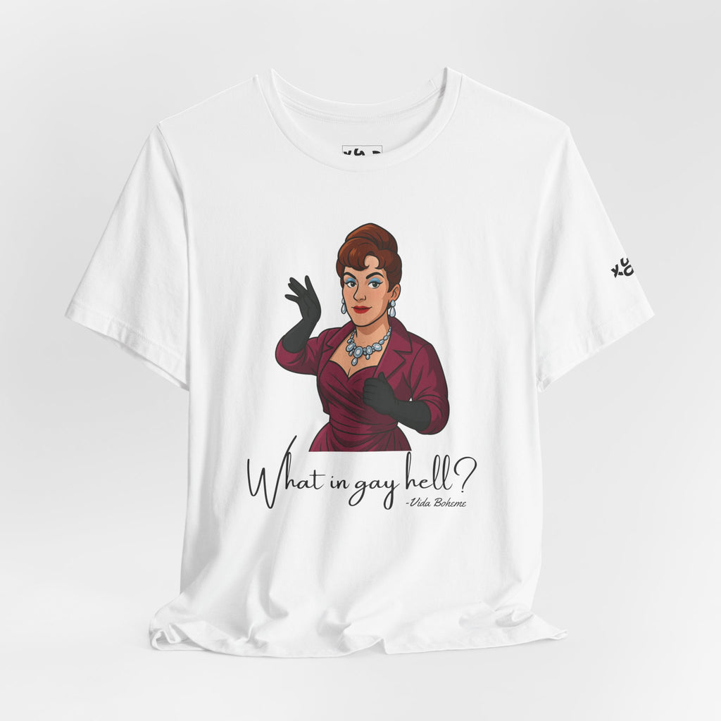 Graphic Tee — "What in gay hell?" Vintage Glam Comedy Shirt