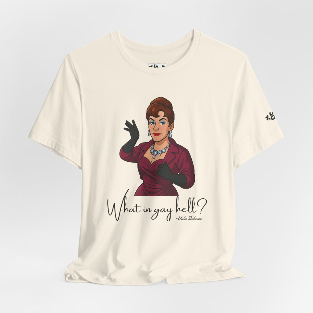 Graphic Tee — "What in gay hell?" Vintage Glam Comedy Shirt