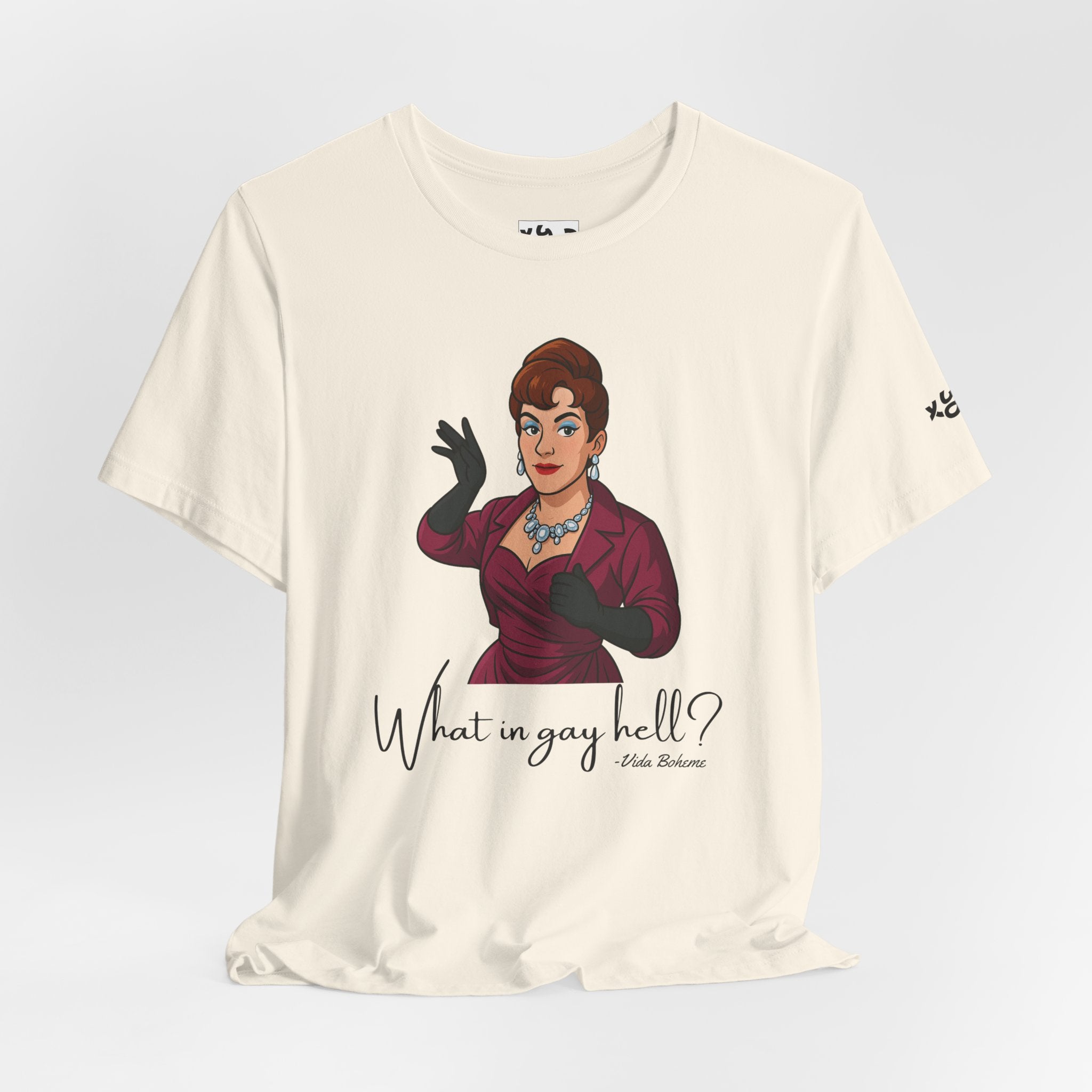 Graphic Tee — "What in gay hell?" Vintage Glam Comedy Shirt
