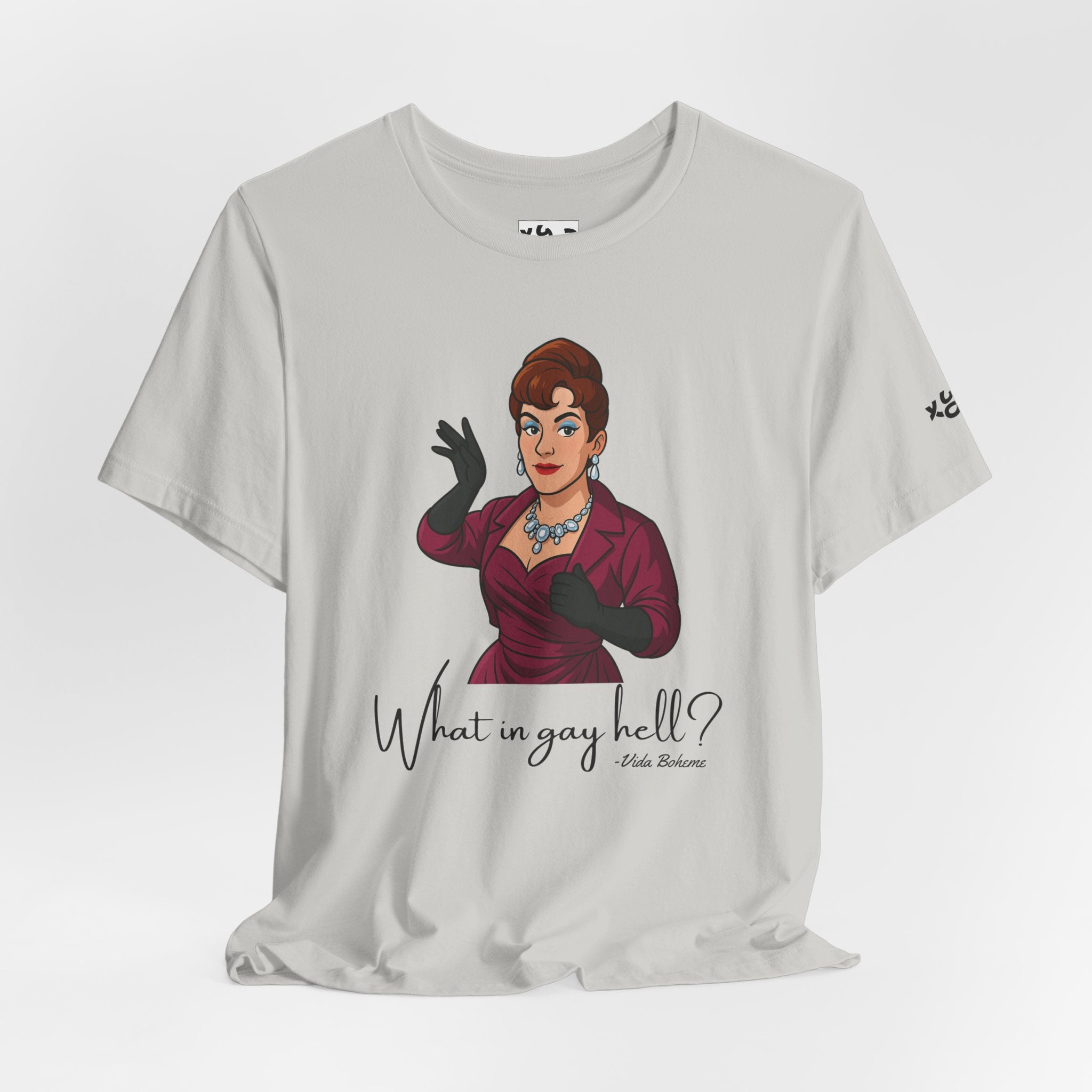 Graphic Tee — "What in gay hell?" Vintage Glam Comedy Shirt