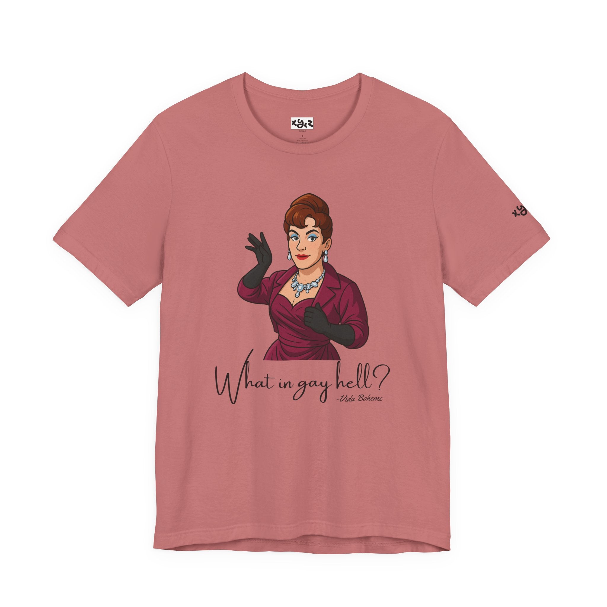 Graphic Tee — "What in gay hell?" Vintage Glam Comedy Shirt