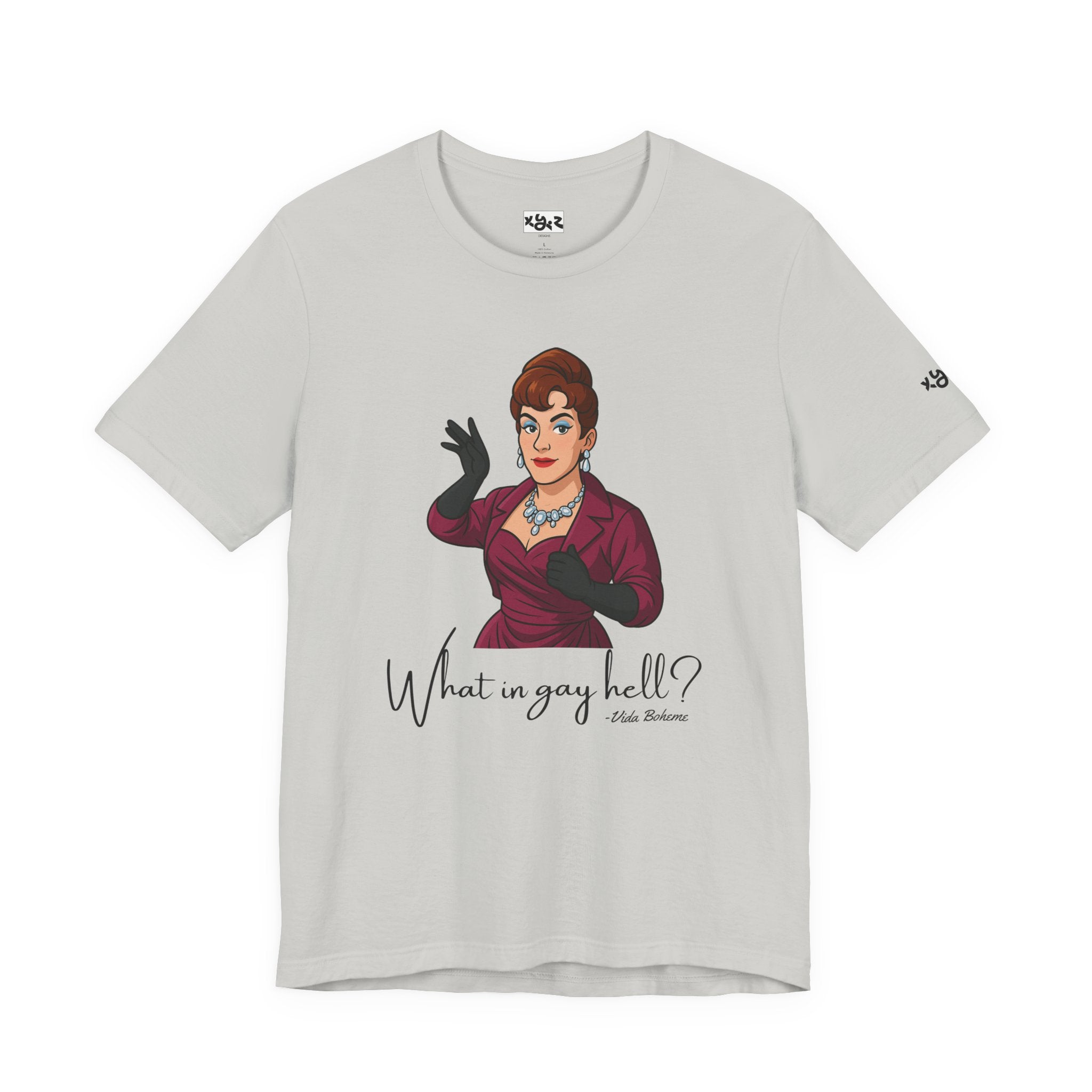 Graphic Tee — "What in gay hell?" Vintage Glam Comedy Shirt