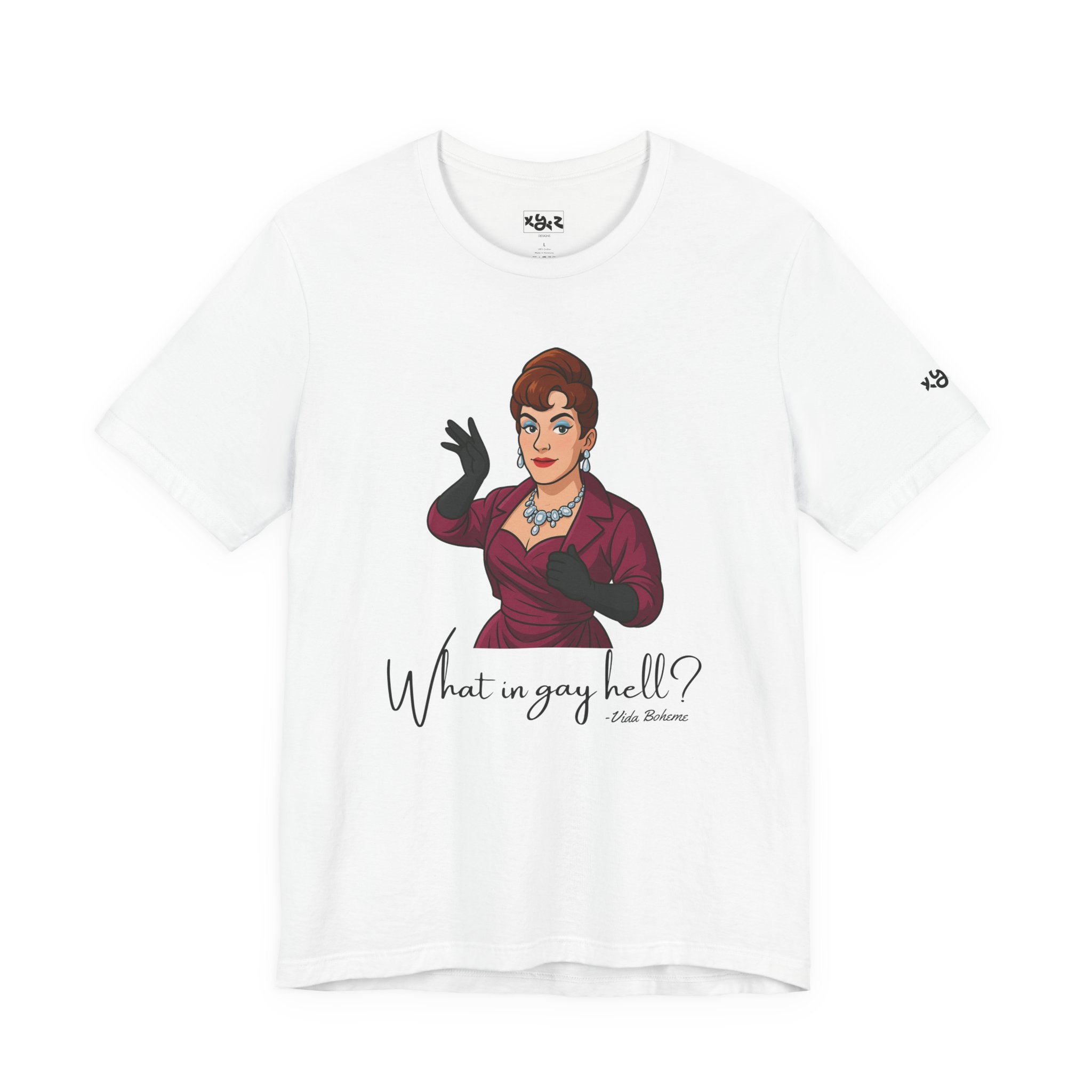 Graphic Tee — "What in gay hell?" Vintage Glam Comedy Shirt