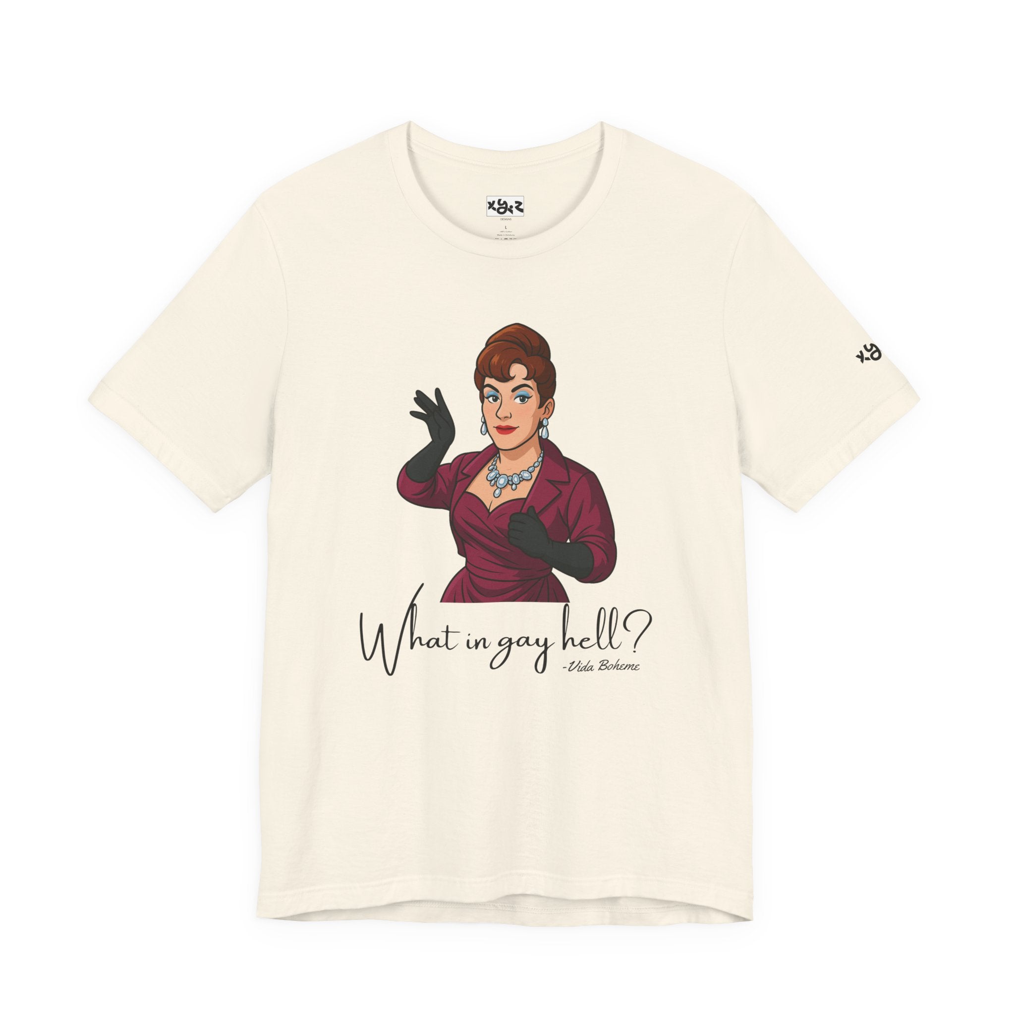 Graphic Tee — "What in gay hell?" Vintage Glam Comedy Shirt